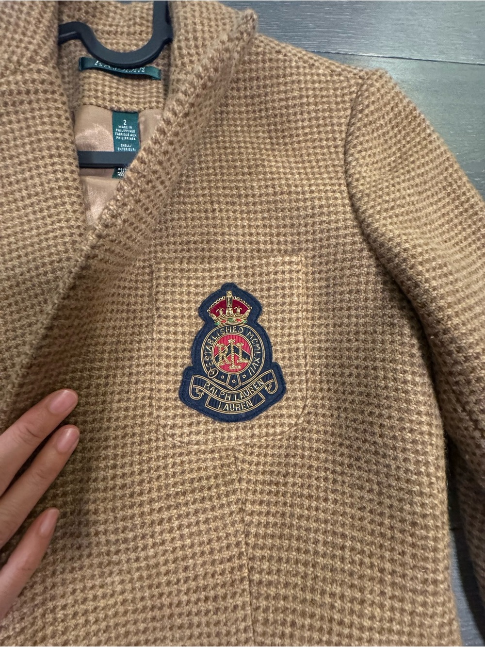 NWOT Lauren Ralph Lauren Brown RLL Crest Houndstooth Tweed Blazer Jacket size 2 - Picture 3 of 10